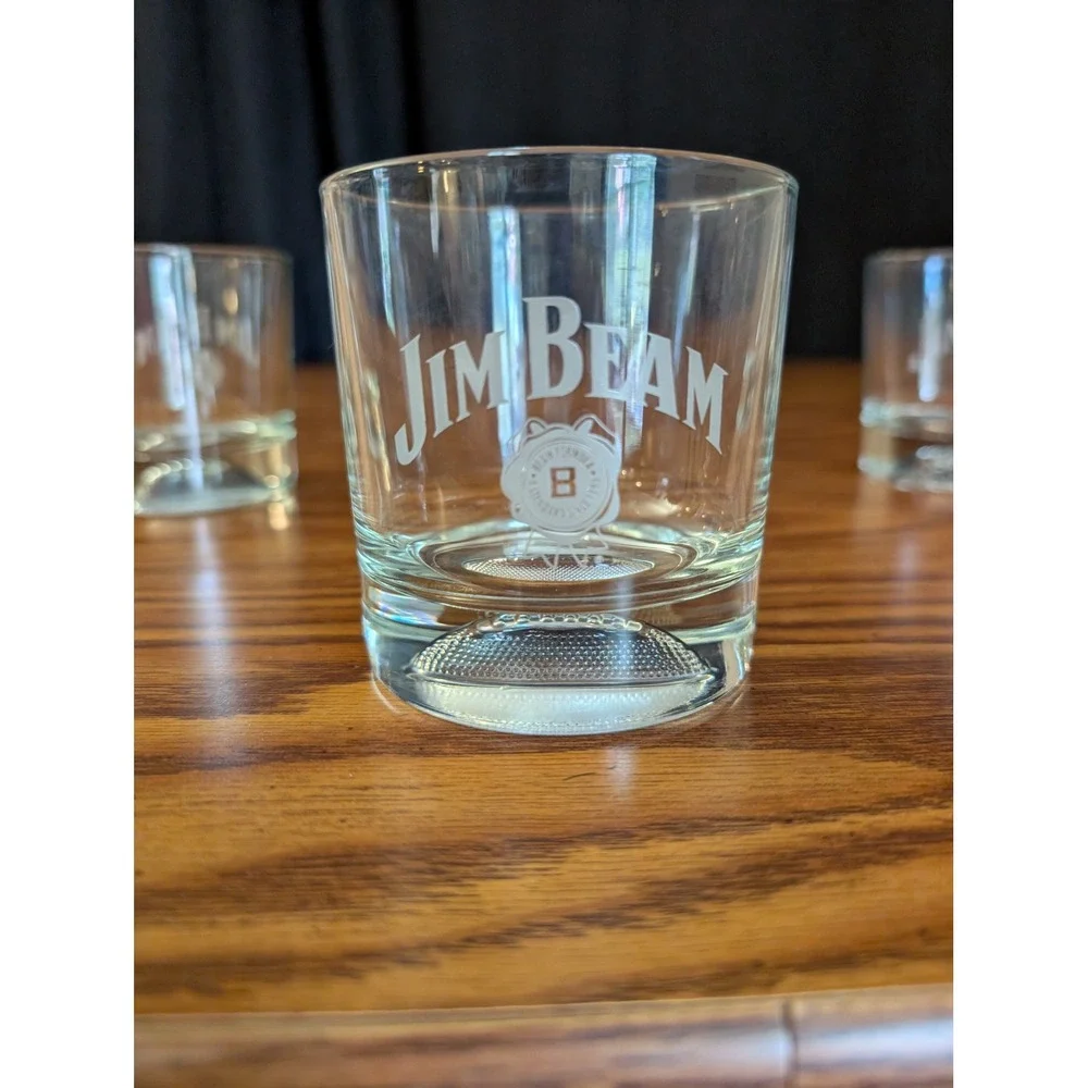 Jim Beam Whiskey Glasses Set 3 Clear 2 Football & Golf Base Etched Logo